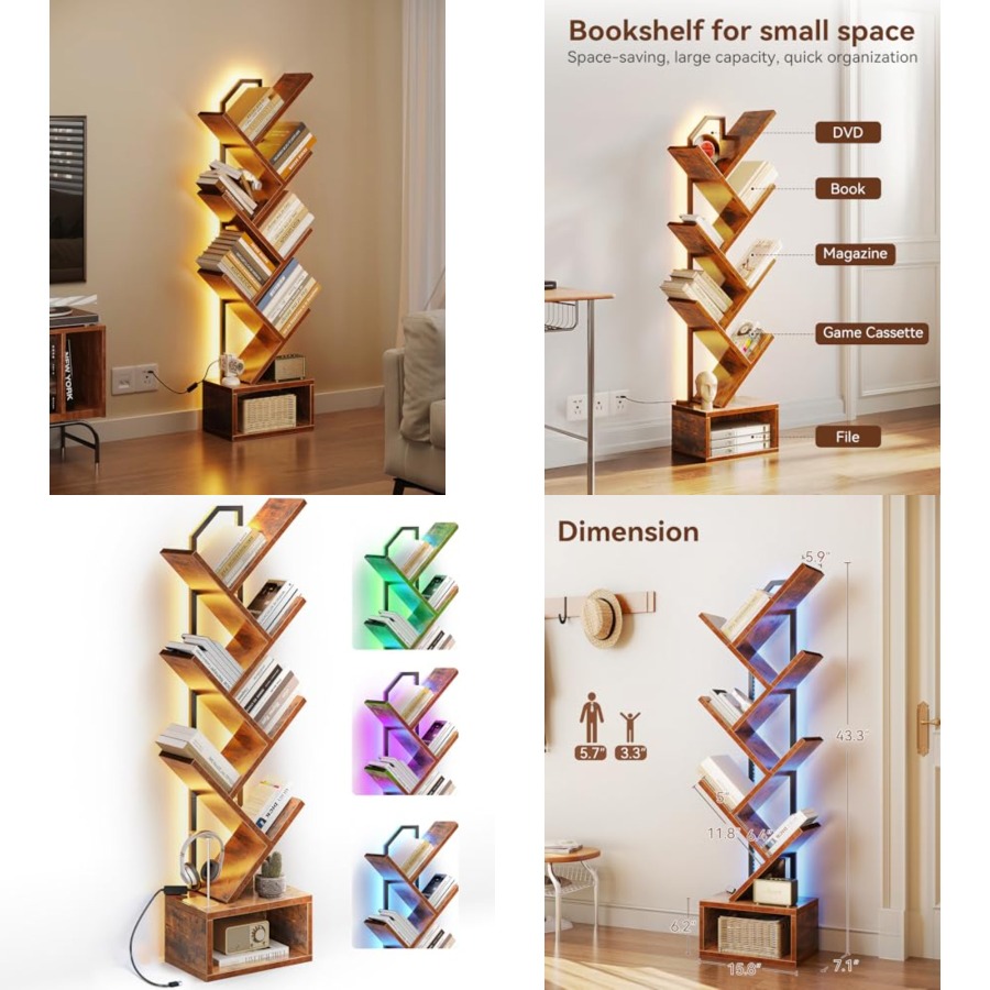 Bookcase Wood Shelf - Tree Bookshelf with LED Lights, Narrow