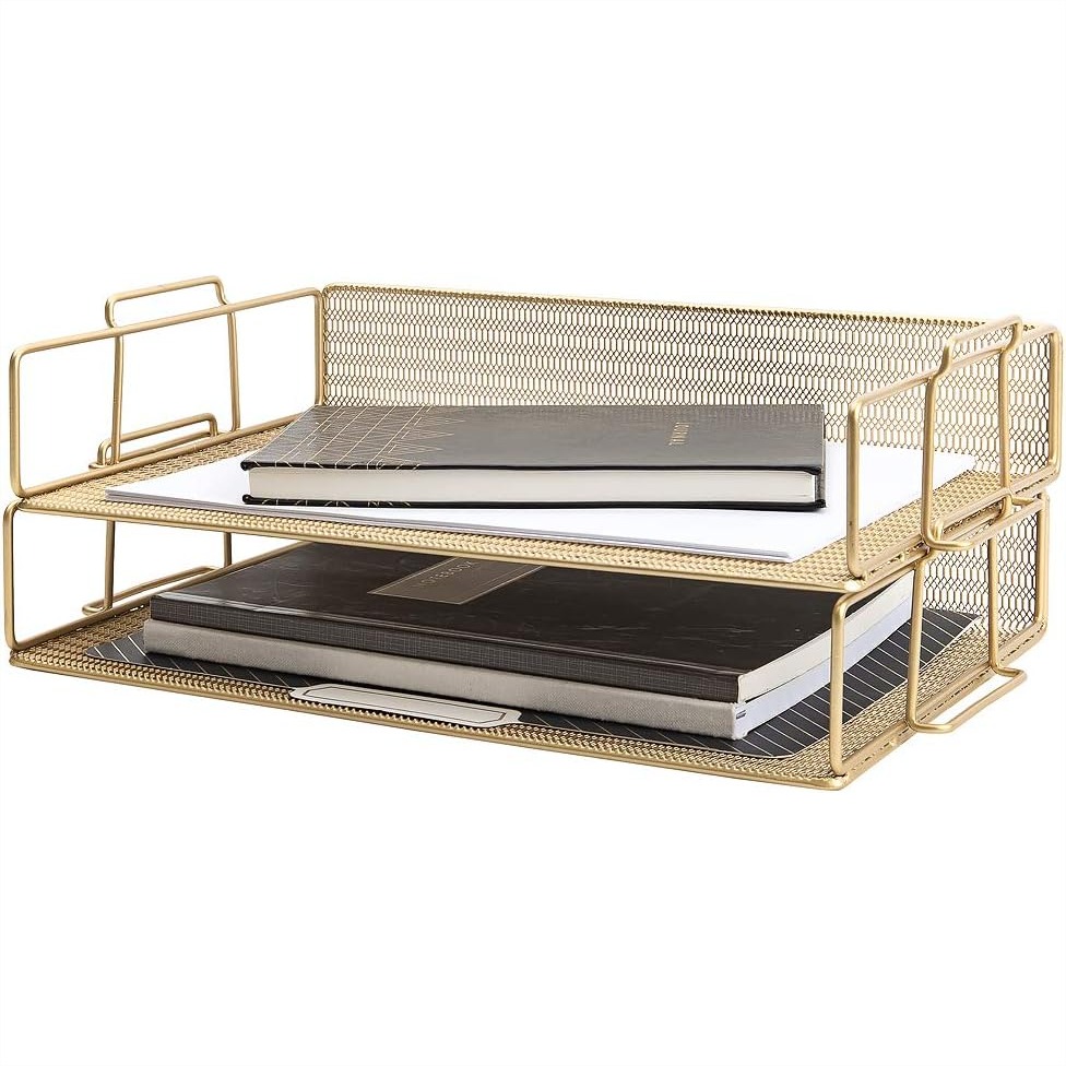 Letter Tray Desk - Stackable Desk Organizer with Gold Mesh