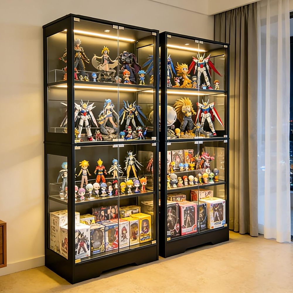 Bookcase Wood Shelf - 5.5ft Tall 2-Door Glass Display Cabinet,