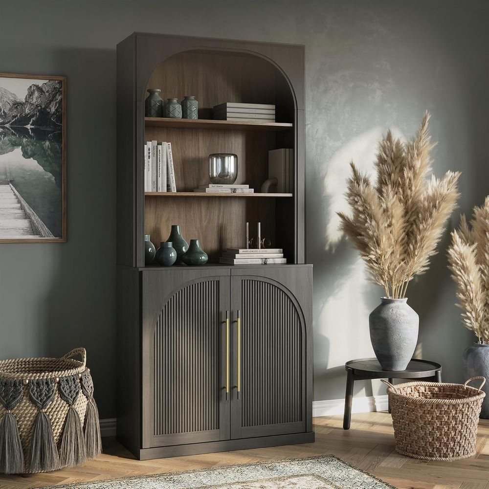 Bookcase Wood Shelf - Elegant Tall Storage Cabinet with Hutch,