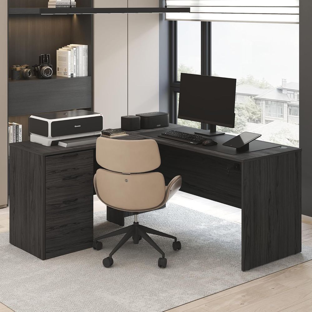 60 Inch L-Shaped Office Desk w - مراجعة Drawer Pedestal Cabinet وسعره