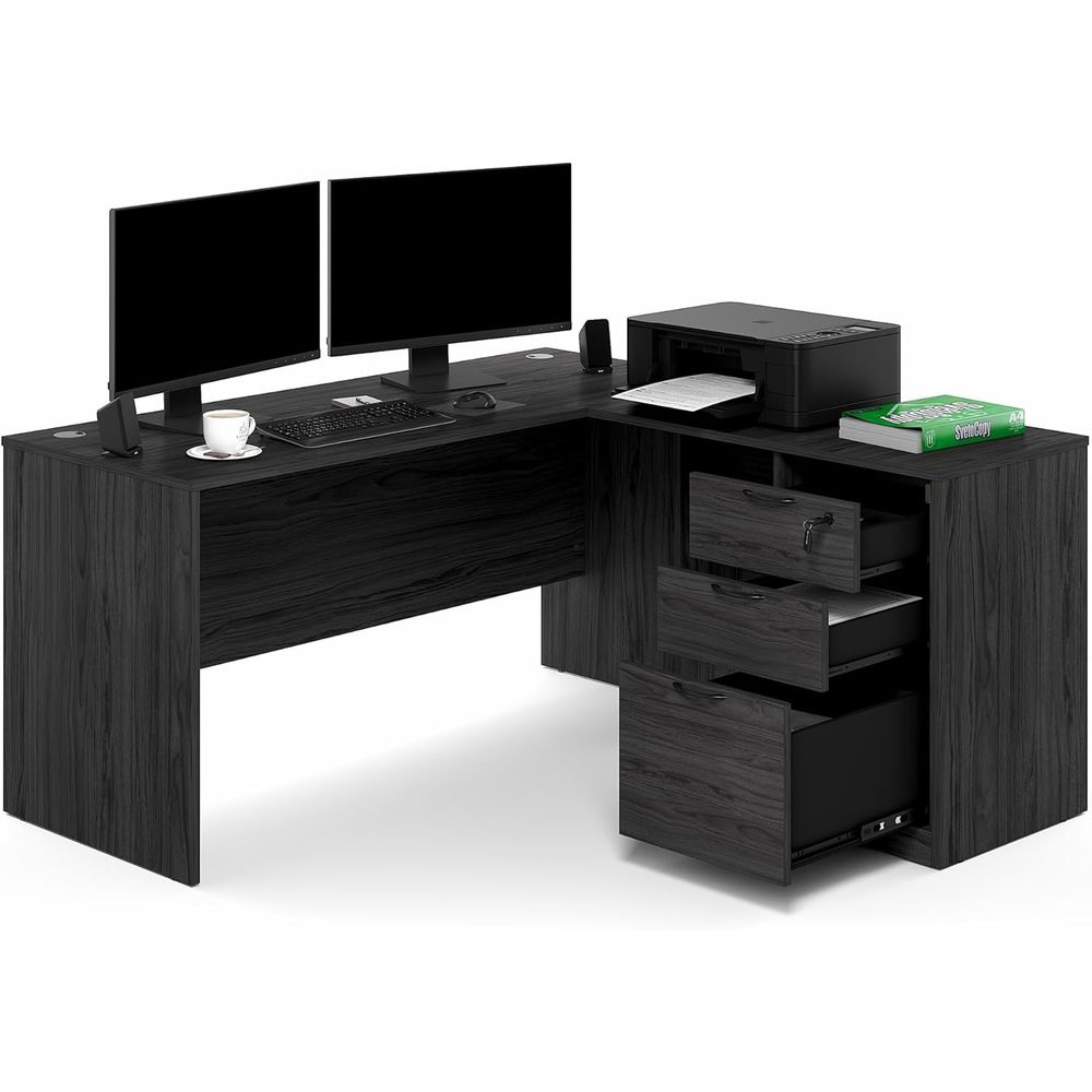 60 Inch L-Shaped Office Desk w - مراجعة Drawer Pedestal Cabinet وسعره