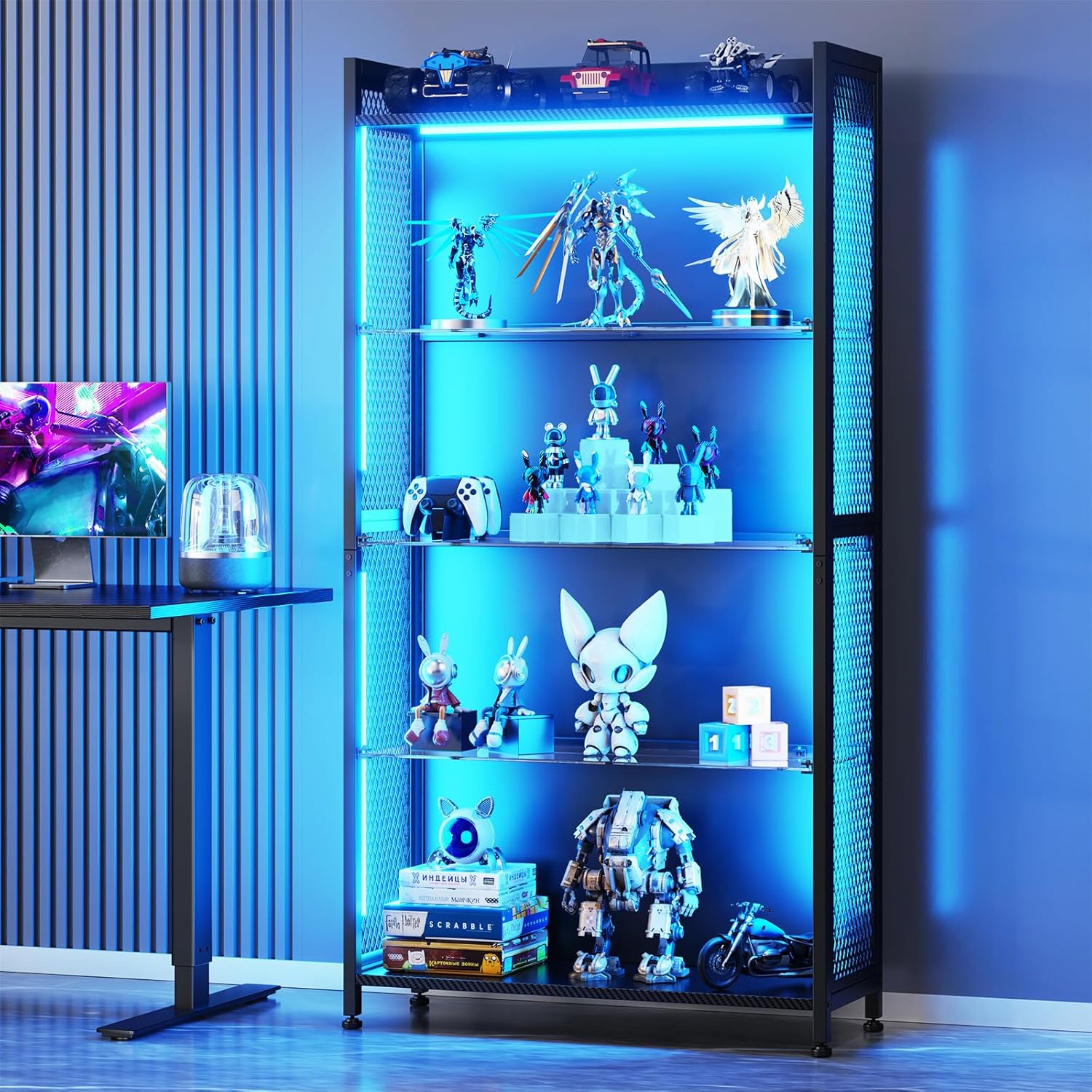 LED Display Case with Glass Sh - مراجعة Bookcase Wood Shelf وسعره