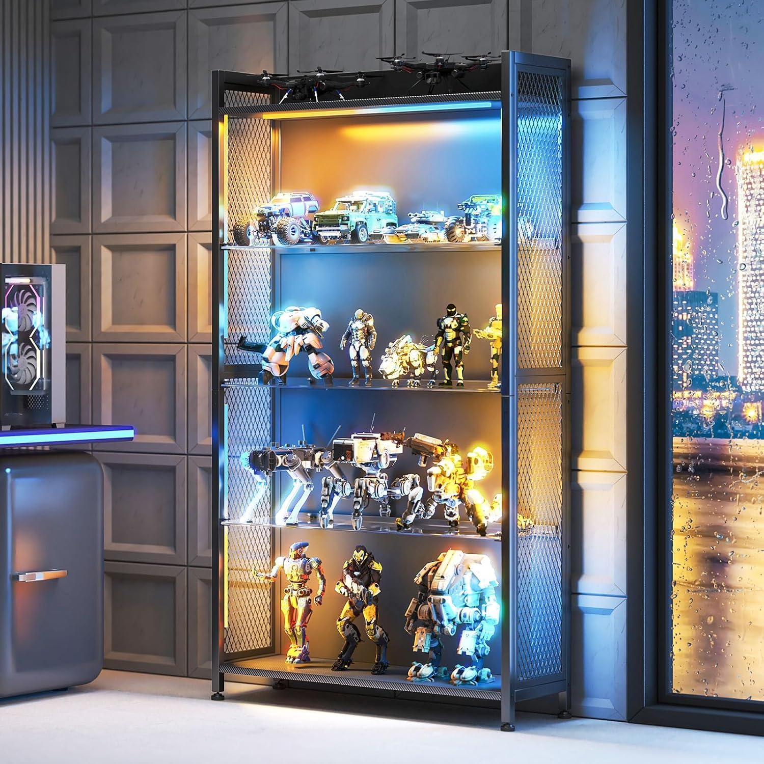 LED Display Case with Glass Sh - مراجعة Bookcase Wood Shelf وسعره