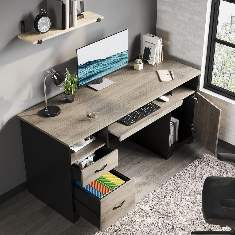 Gray 59 Executive Desk with 2  - مراجعة Drawer Pedestal Cabinet وسعره