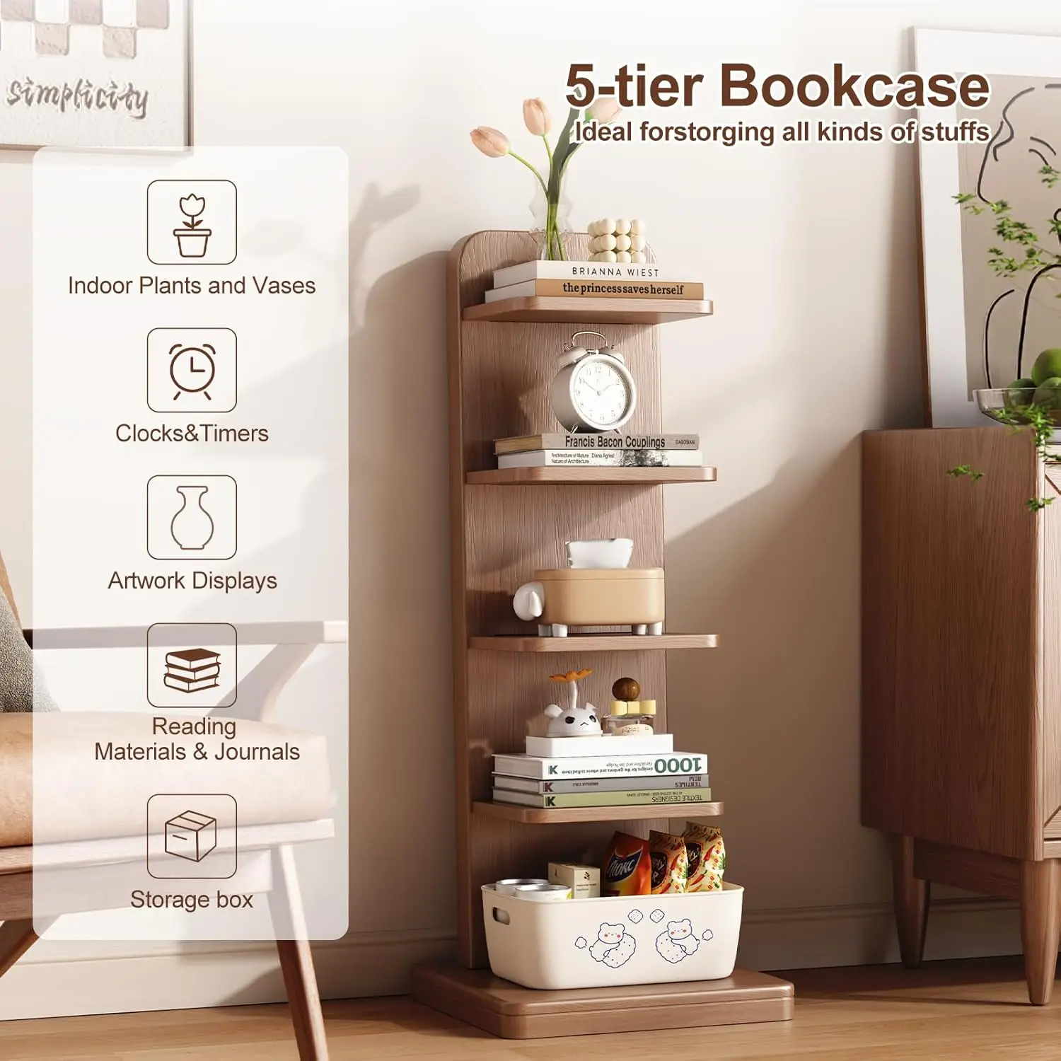 Narrow Ladder Bookcase 5 Shelf - مراجعة Bookcase Wood Shelf وسعره